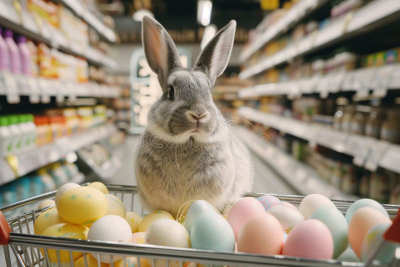 Easter Bunny Standing with Shopping Cart of Easter Eggs in Supermarket Stock Image Image of