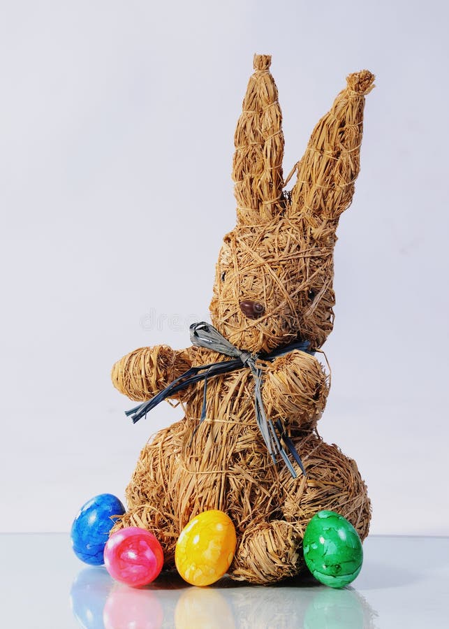 Easter Bunny from Straw with Flower Decoration Stock Photo Image of