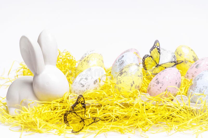 Easter card. Easter multi-colored eggs on a white background, place for text royalty free stock image Easter card. Easter multi-colored eggs on a white background, place for text royalty free stock image