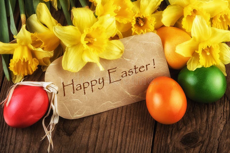 Easter Card Happy Easter with Yellow Flowers Sunlight Effect Stock