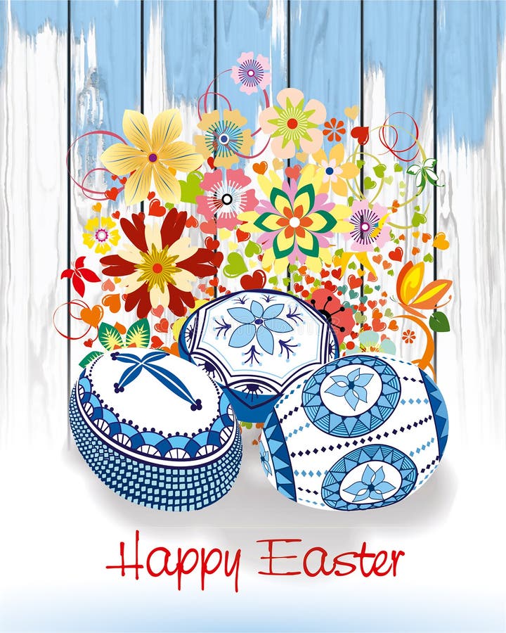 Easter card with traditional Romanian Easter eggs and spring flowers