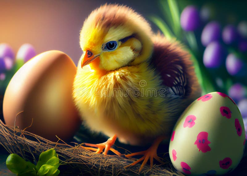 Easter Chicken. Little Orange Chick and Easter Eggs. Spring Holiday Season. AI Generated Stock
