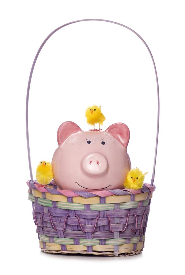 Easter chicks and piggy bank in a basket cut out