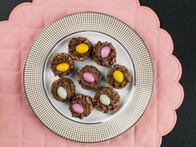 Easter Chocolate Crispy Cereal Nests with Mini Easter Eggs Stock Photo