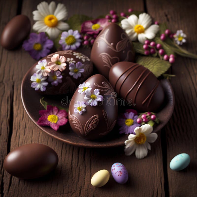 Easter chocolate eggs with flowers on wood table. Generative AI stock illustration