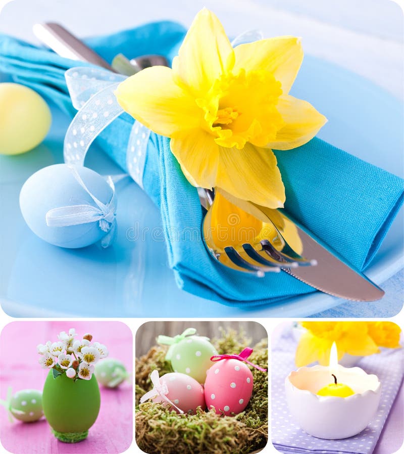 Easter collage with easter eggs and table setting