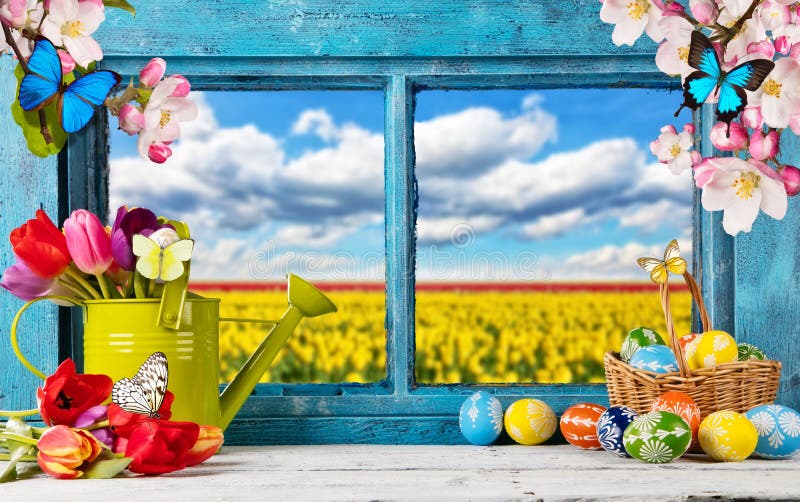 Easter colored decoration on wooden window