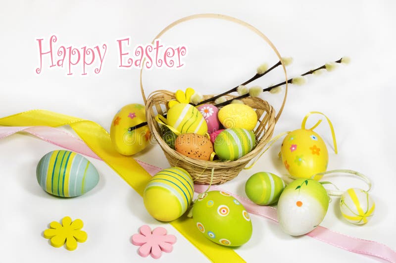 Easter Colored Eggs with a Basket of Vines. Stock Image Image of