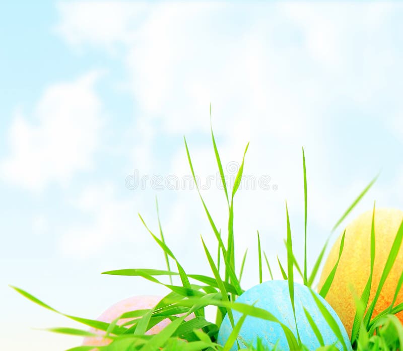 Easter colorful eggs border with fresh green grass over natural blue sky background, traditional christian decoration for a spring holiday, card design of festive food. Easter colorful eggs border with fresh green grass over natural blue sky background, traditional christian decoration for a spring holiday, card design of festive food