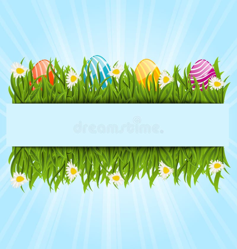 Easter colorful eggs and camomiles in green grass with space for