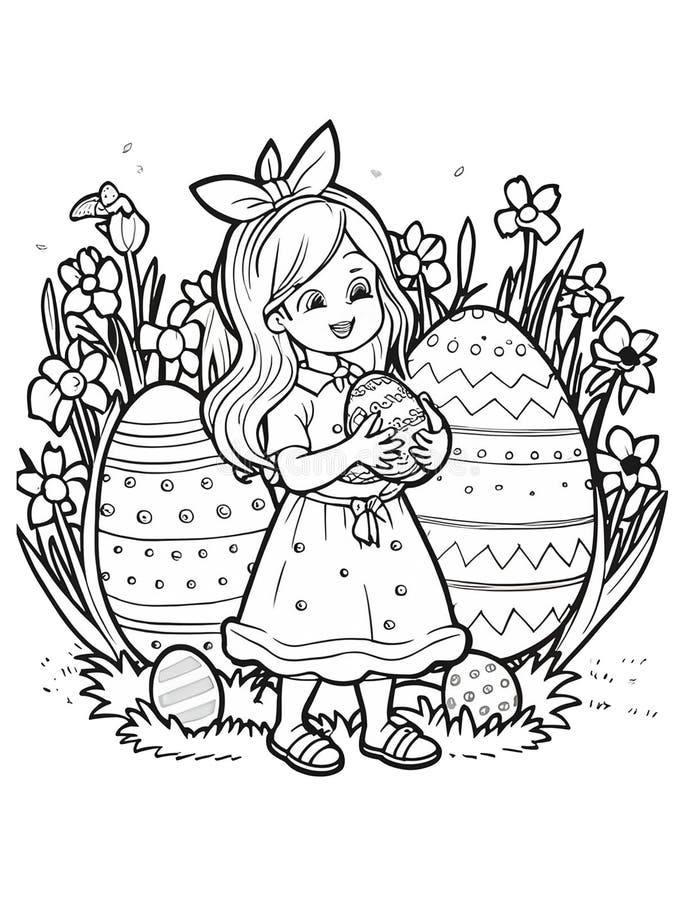 Easter Coloring Page for Children with a Girl and Easter Eggs Stock ...