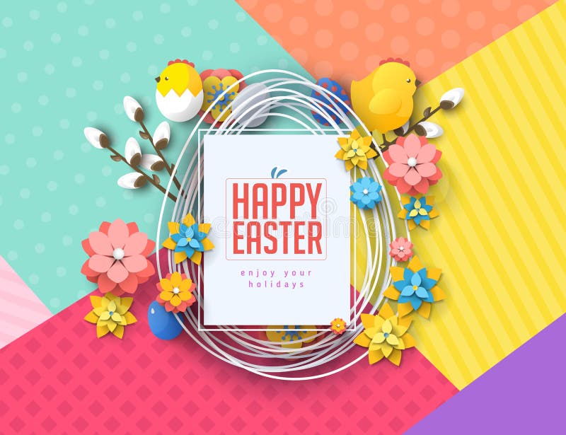 Easter concept banner flyer colorful eggs rabbit abstract background texture royalty free illustration.