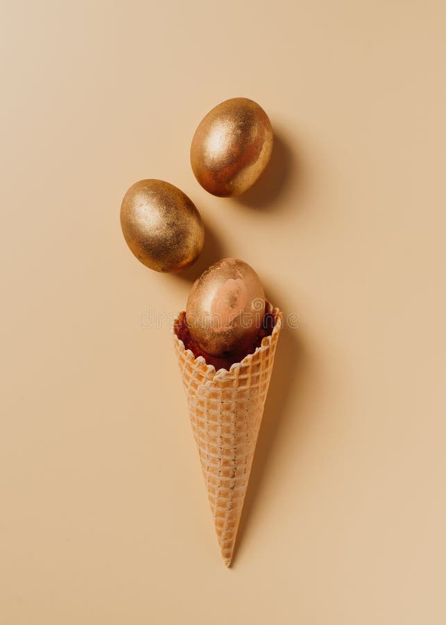 Easter Concept with Golden Eggs and Ice Cream Cone on Yellow Background Stock Image Image of