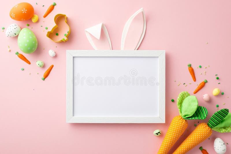 Top view photo of photo frame with easter bunny ears colorful eggs carrots baking mold and sprinkles