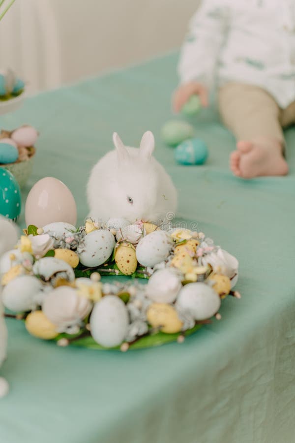 Easter Decor in Pastel Colors, Easter Interior Decoration Stock Photo