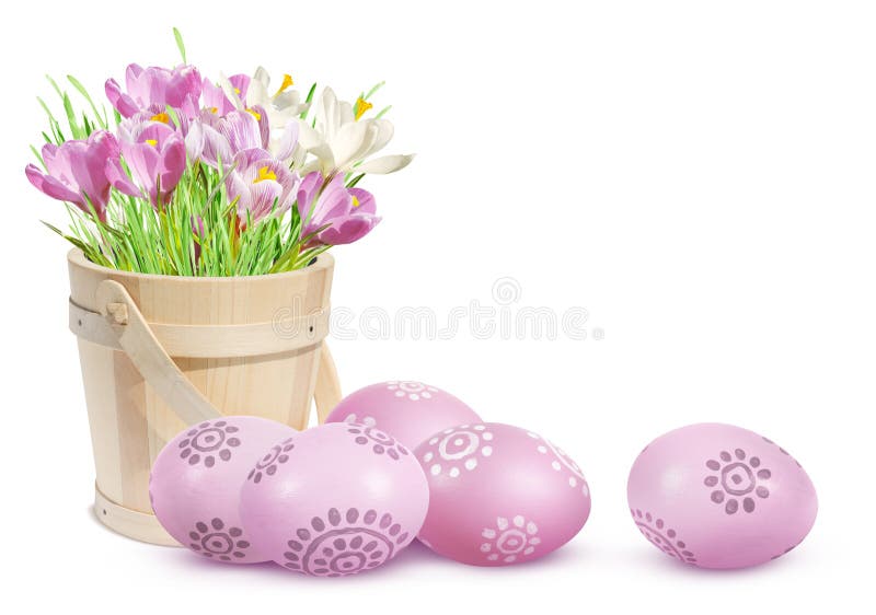 Easter decoration with eggs and pink crocuses