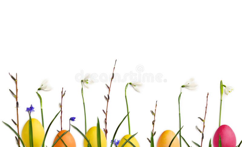 Easter decoration. Twigs willow tree with catkins, white and blue snowdrops and colored easter eggs on white background. Top view