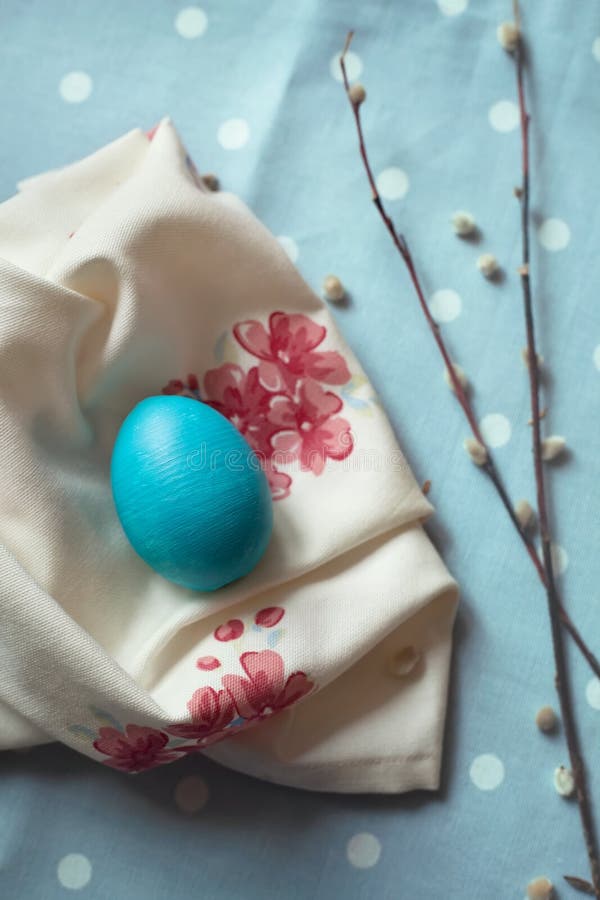 Easter Decoration a Wooden Eggs on a Fabric Napkin Stock Photo
