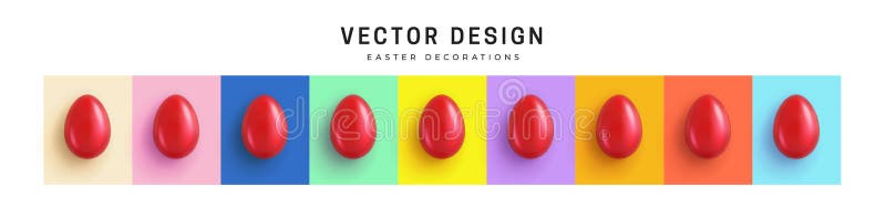 Easter Decorations Collection. Set of glossy Red Easter Eggs closeup on backgrounds of different colors. Shade of eggs adapted to