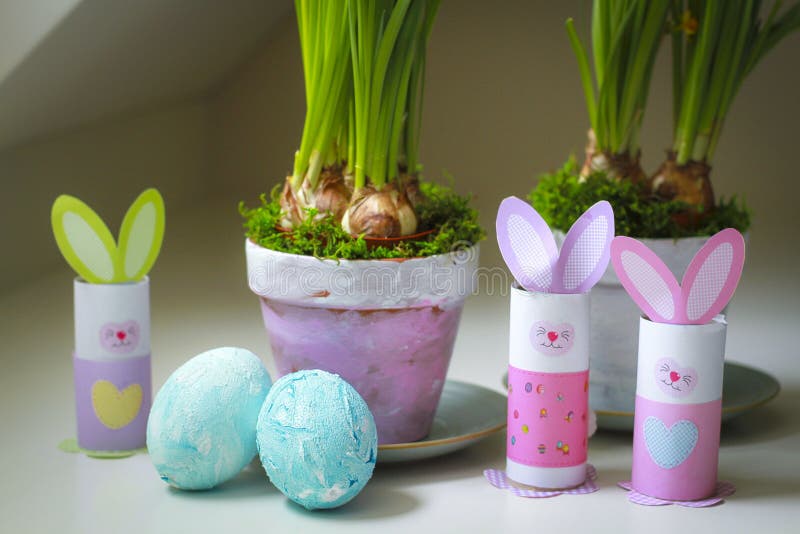 Easter decorations homemade bunnies eggs flowerpots