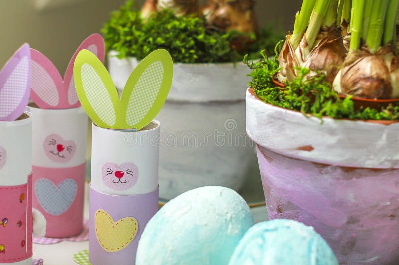 Easter decorations homemade bunnies eggs flowerpots