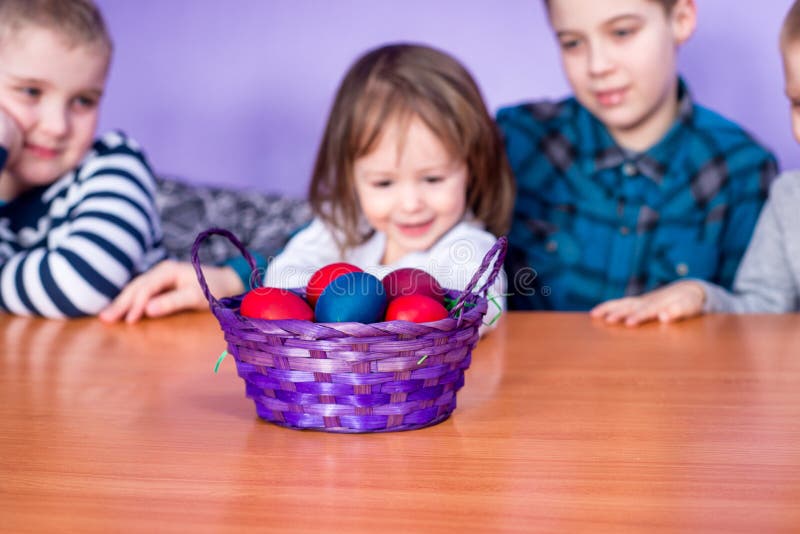 Easter Egg Basket and Cute Children Stock Photo Image of friendship