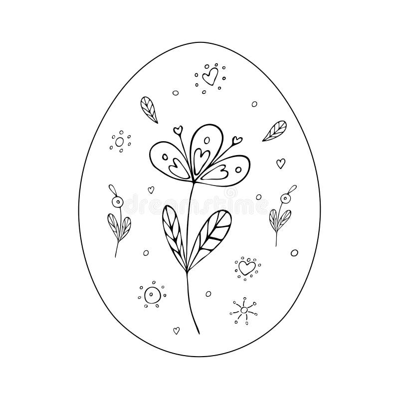 Easter Egg with Floral Ornaments. Drawing a Black Line Doodle. Hand