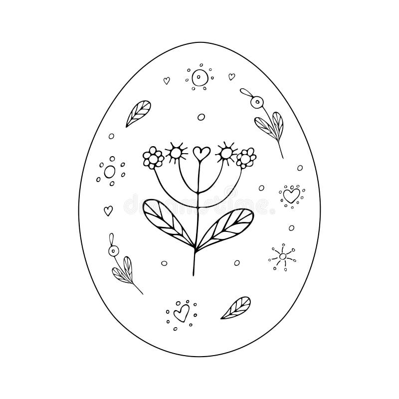 Easter Egg with Floral Ornaments. Drawing a Black Line Doodle. Hand