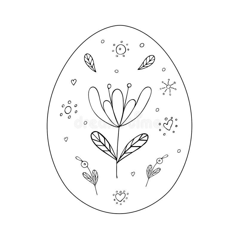 Easter Egg with Floral Ornaments. Drawing a Black Line Doodle. Hand