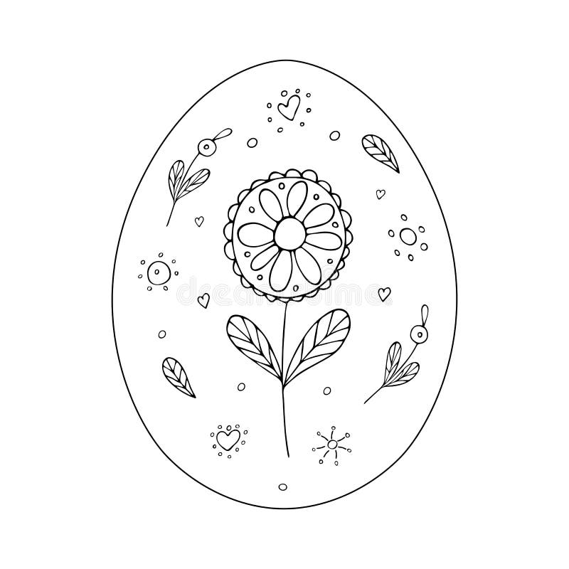 Easter Egg with Floral Ornaments. Drawing a Black Line Doodle. Hand