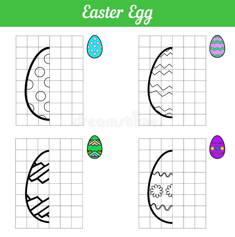 Easter Egg game copy the picture. Four Coloring book page for kids. Vector Illustration with contour grid. Egg with simple ornament and sample painted. Activity for easter hunt. Separated on layers