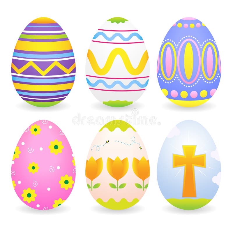 A set of six easter eggs icons in different colorful designs. Shadows placed on separate layer.