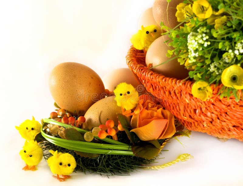 Easter: eggs, basket, flowers and chickens