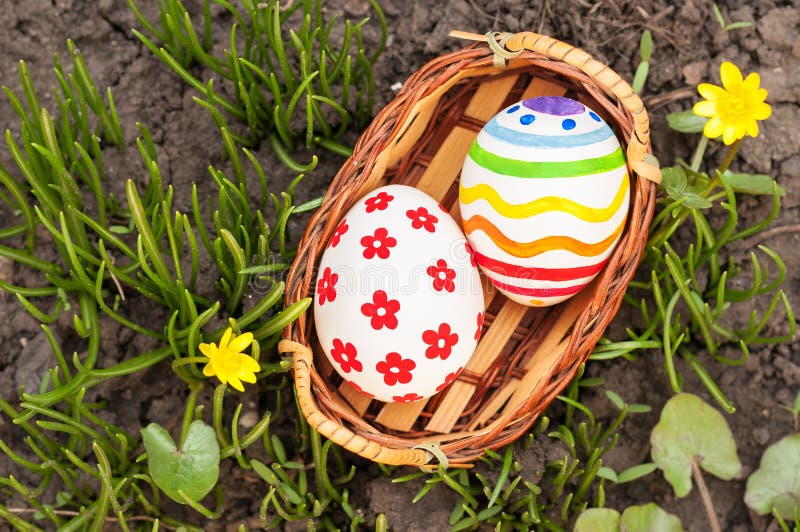 Easter Eggs in Basket on Grass Stock Photo Image of group, bright