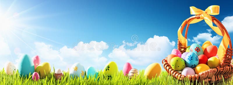 Easter Eggs in a Basket on Green Grass