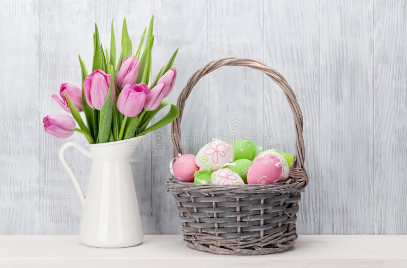 Easter Eggs in Basket and Tulips Stock Image - Image of bunch, plant ...