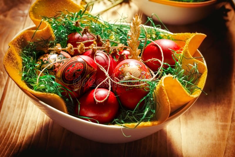 Easter Eggs in Bowl Closeup on Rustic Table Stock Photo Image of