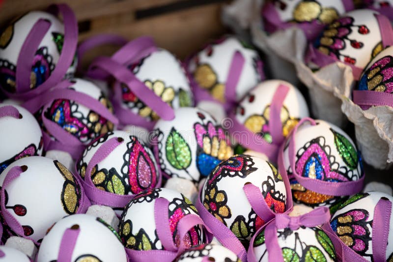 Easter Eggs, Colored Festive Eggs on the Easter Fair Stock Photo