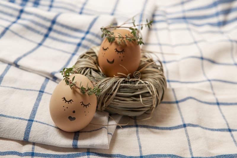 Easter eggs with cute face in green plant wreath. Sleepy easter eggs - Home crafts happy easter concept stock images