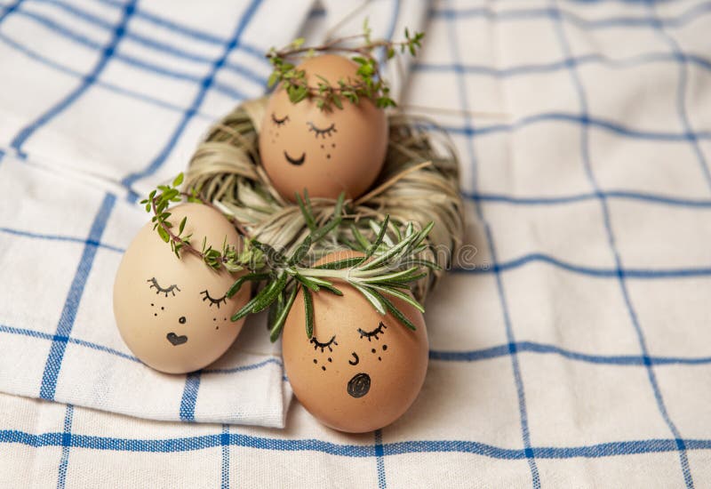 Easter eggs with cute face in green plant wreath. Sleepy easter eggs - Home crafts happy easter concept stock photography