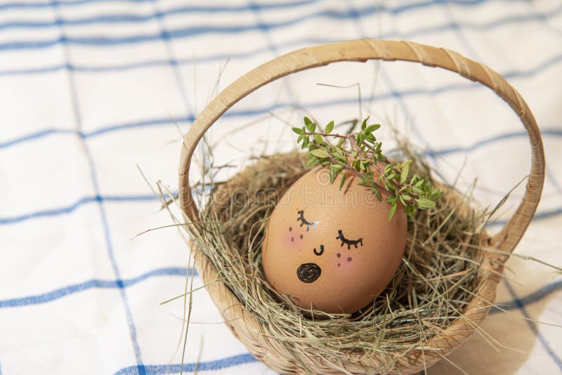 Easter eggs with cute face in green plant wreath. Sleepy easter eggs - Home crafts happy easter concept royalty free stock images