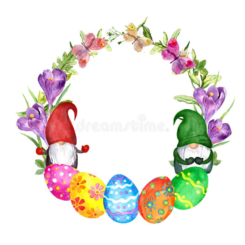 Easter eggs, cute gnomes in grass and crocus flowers wreath. Floral circle border with spring butterflies. Watercolor. Easter eggs, cute gnomes in grass and crocus flowers wreath. Floral circle border with spring butterflies. Watercolor