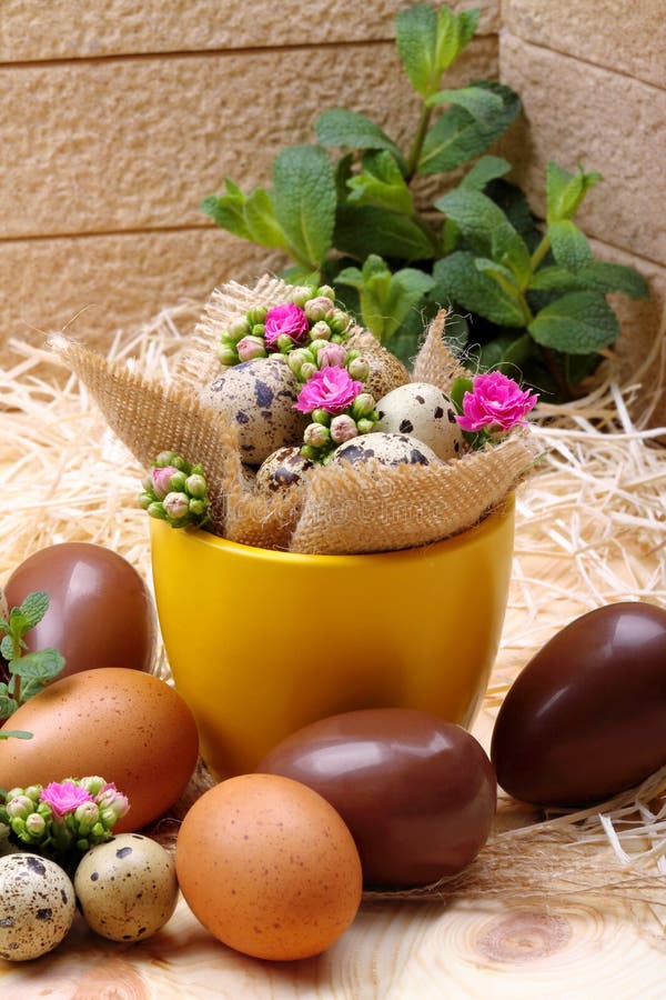 Easter eggs and flowers stock image. Image of green, quail 38400869