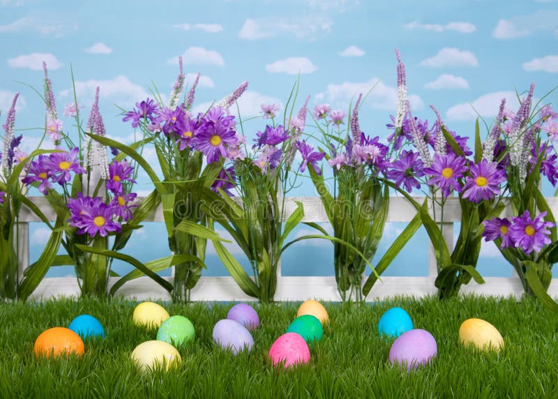 Easter eggs on grass, flowers on fence, sky background stock photo Easter eggs on grass, flowers on fence, sky background stock photo