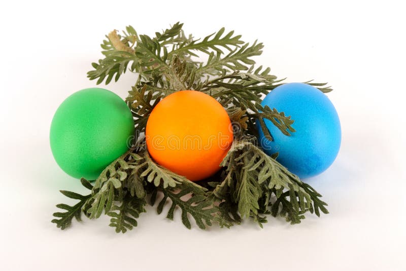 Colorful Easter Eggs Decorated with Green Leaves Stock Photo Image of