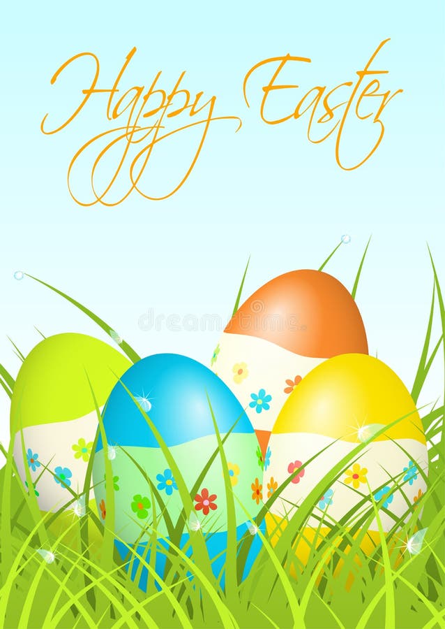 Easter eggs in green grass, with blue sky