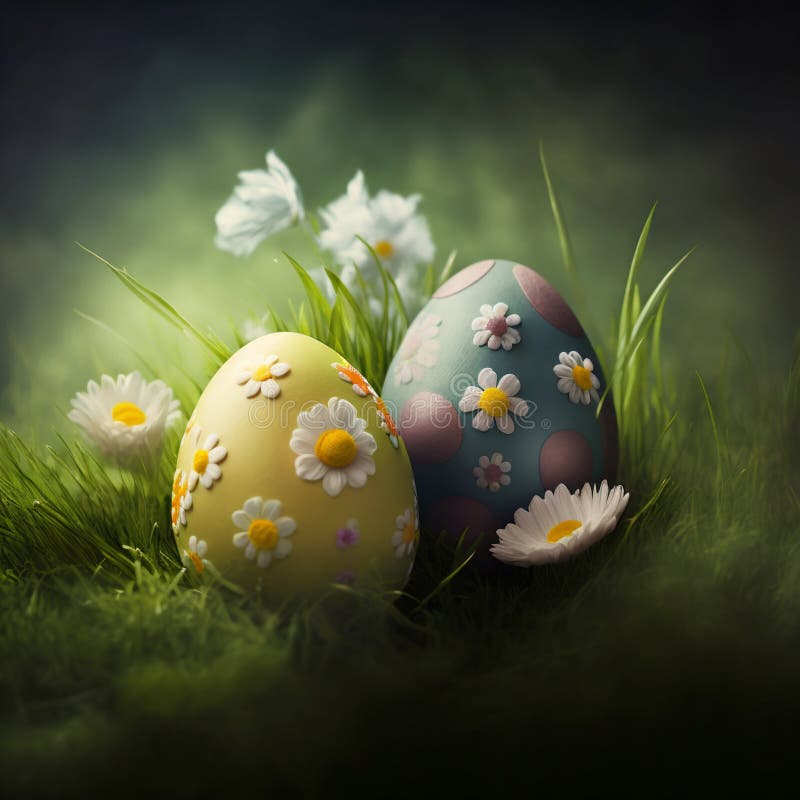 Easter eggs in green grass. Generative AI stock illustration