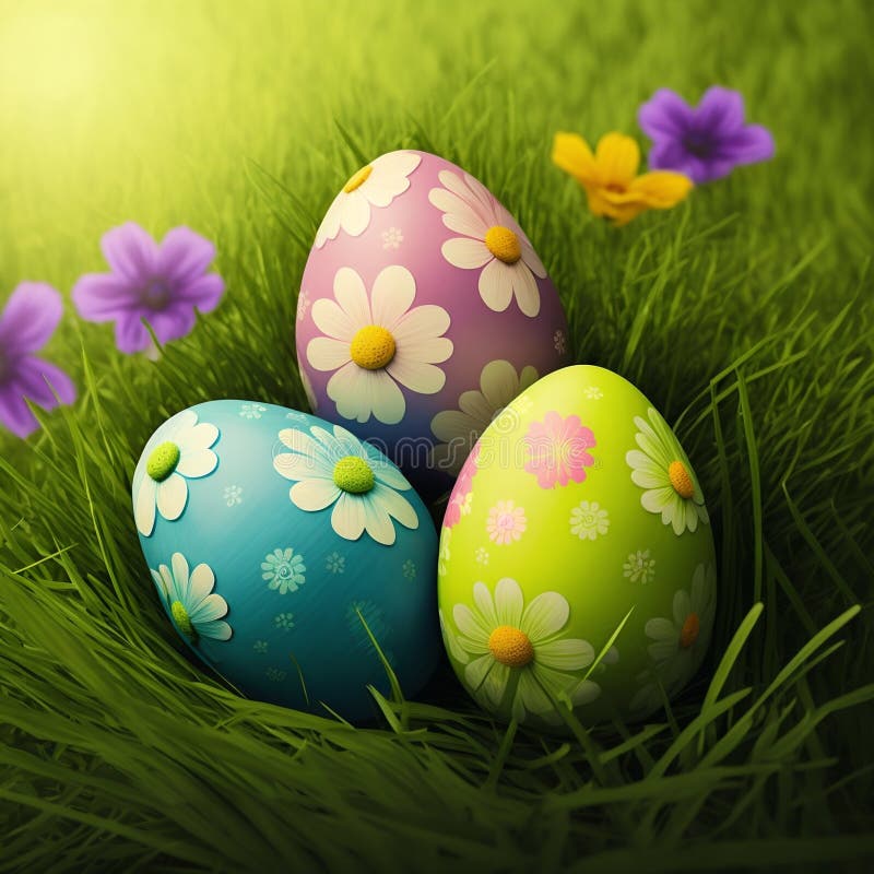 Easter eggs in green grass. Generative AI vector illustration