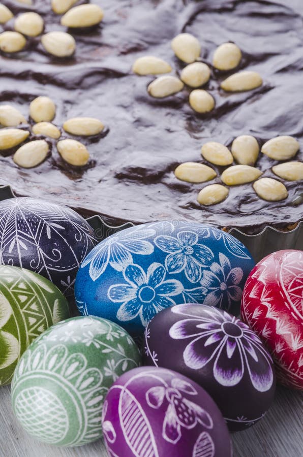 Easter Eggs and Mazurek Traditional Polish Easter Chocolate Cake Stock