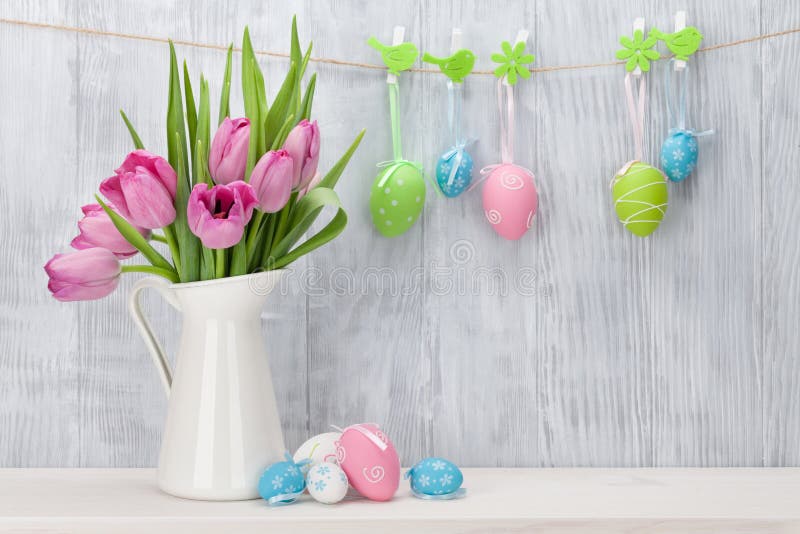 Easter Eggs and Pink Tulips Bouquet Stock Image - Image of happy ...